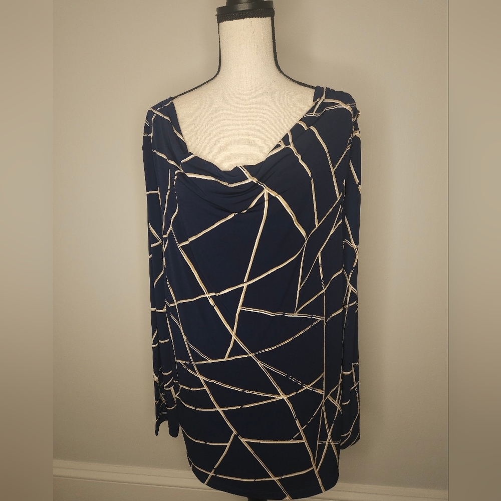 EUC Susan Graver Liquid Knit Drape Neck Blue and White Geometric Blouse - Picture 2 of 6